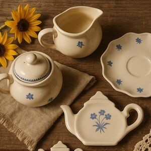 Crowning Touch Japan Blue Floral Tea Set Creamer, Sugar Bowl, Saucer Teapot Rest